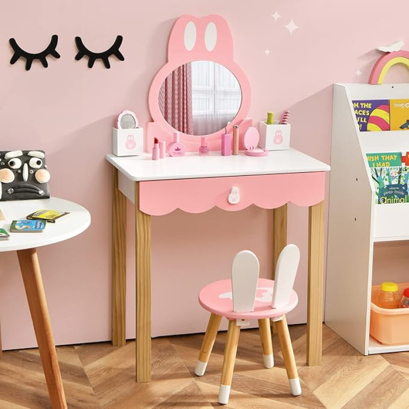 Costzon 2 in 1 Princess Dressing Table Set for Children with Mirror, Princess Dressing Table with Removable Top, Dressing Table for Toddlers with Chair, Drawer and Solid Wooden Legs