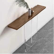 Modern Slim Console Sofa Table with Clear Acrylic Legs for Living Room and Entryway Easy Assembly Brown Finish (140 x 30 x 75 cm)