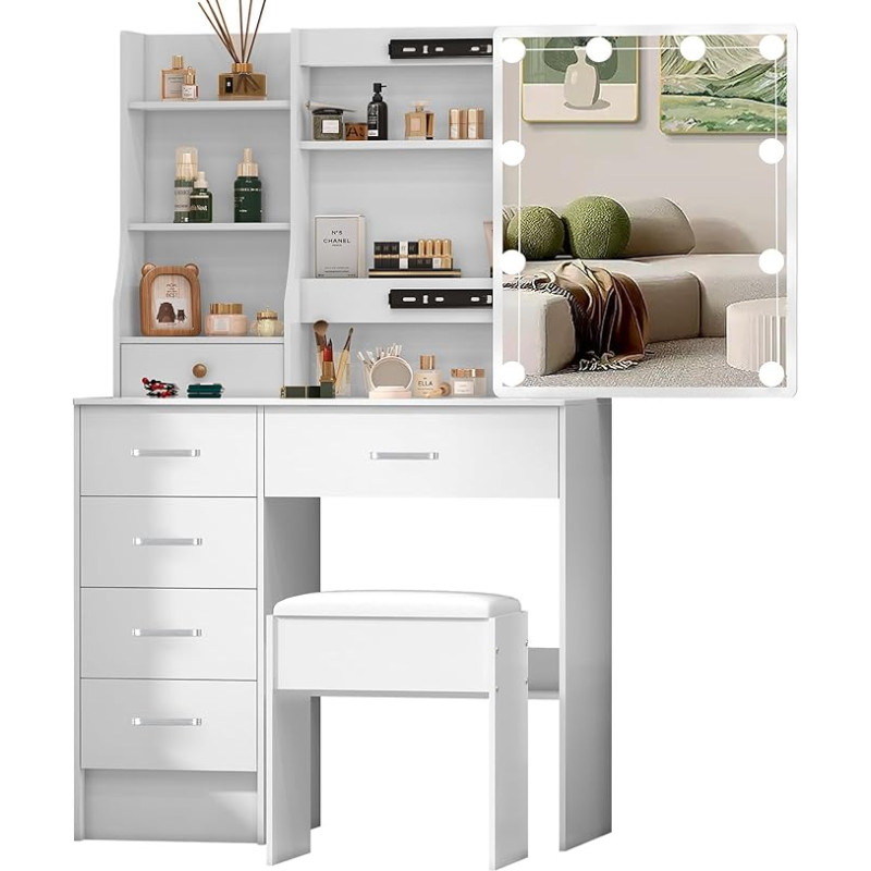 Teousev J51207 Dressing Table with Sliding Door Mirror and Stool, Sturdy Cosmetic Table with Dimmable Lighting and Video Instructions, Dressing Table with 6 Drawers and 6 Shelves, White, 36 x 80 x 133