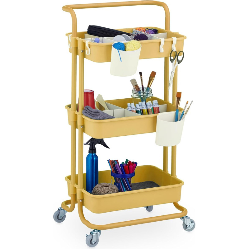Relaxdays Rolling Trolley, 3 Levels, Serving Trolley, Kitchen Trolley for Bathroom and Office, Rolling Shelf, HBT: 86 x 42.5 x 36 cm, Craft Trolley, Yellow