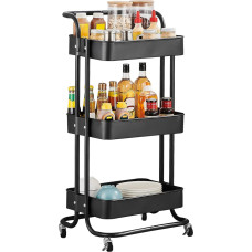 HOUHA Serving Trolley Kitchen Trolley with Wheels, Metal Trolley with 3 Drawers, Kitchen, Craft Trolley with Handle for Bathroom and Kitchen, Black