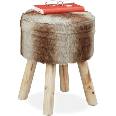 Relaxdays Fur Stool, Decorative Stool, Faux Fur, Stool with Wooden Legs, Round, Rustic, H x D: 42 x 33 cm, Grey/Brown, Pack of 1