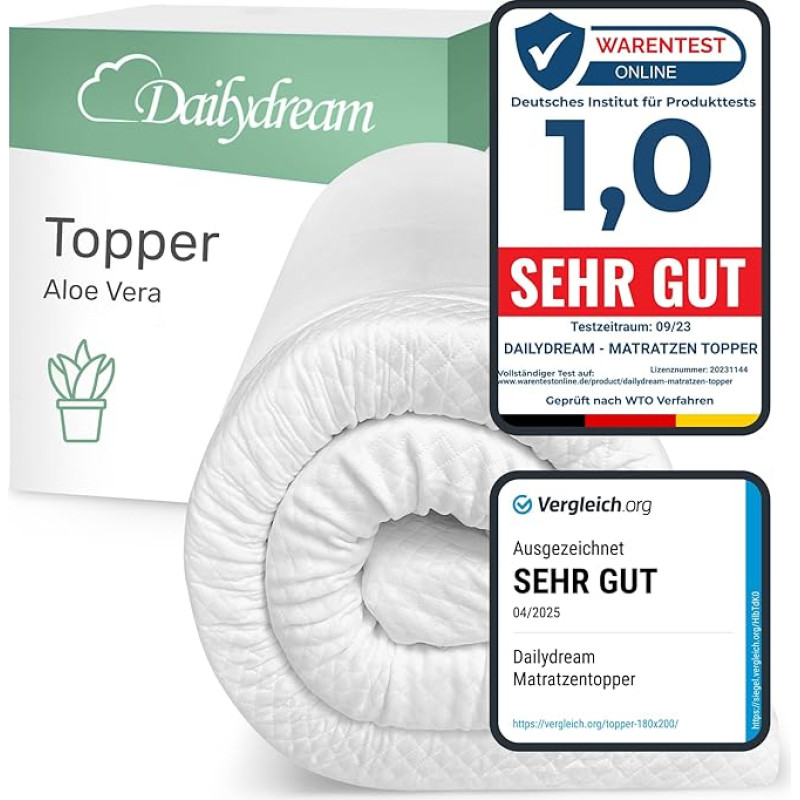 Dailydream Visco-Elastic Mattress Toppers, Aloe Vera, with Memory Foam Effect, 90x190x5cm