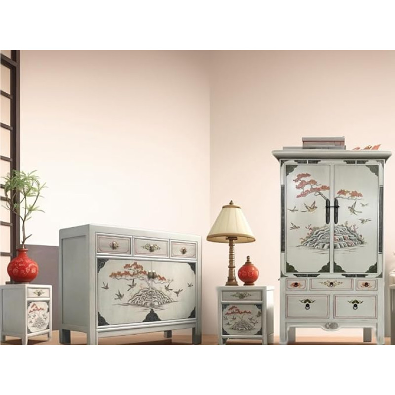OPIUM OUTLET Chinese Furniture Combination Set 4-Piece Asia Furniture Living Room Vintage Light Grey Chest of Drawers Cabinet Wedding Cabinet Bedside Table Bedside Table Night Consoles Oriental Asian