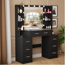 Buildonely Large Dressing Table with LED and Mirror, Dressing Table with 7 Drawers, Adjustable Brightness and 3 Colour Temperatures, Dressing Table for Bedroom, Black, 110 x 40 x 140 cm