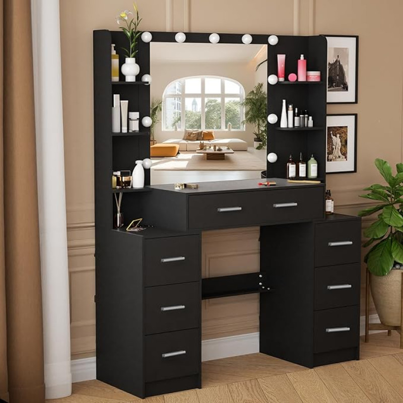 Buildonely Large Dressing Table with LED and Mirror, Dressing Table with 7 Drawers, Adjustable Brightness and 3 Colour Temperatures, Dressing Table for Bedroom, Black, 110 x 40 x 140 cm