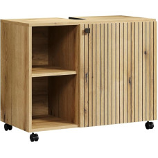 trendteam smart living - PureBliss - Vanity Unit on Wheels - Evoke Oak - Groove Look - 2 Open Compartments + 1 Shelf - (W x H x D) 80 x 64 x 42 cm - Elegant Metal Handles - Scratch-Resistant