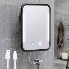 Gospire Fogless Heated Shower Mirror for Shaving, Rechargeable Illuminated Shower Razor Mirror with Razor Blade Holder, Removable & No Drilling, Bathroom Mirror with Suction Cup, Black