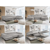 MKS MEBLE Peter U Corduroy Sofa U-Shape Grey, Living Landscape U-Shape, Sofa Bed with Bed Box, Couch with Adjustable Headrests, Peter U, Grey Cord