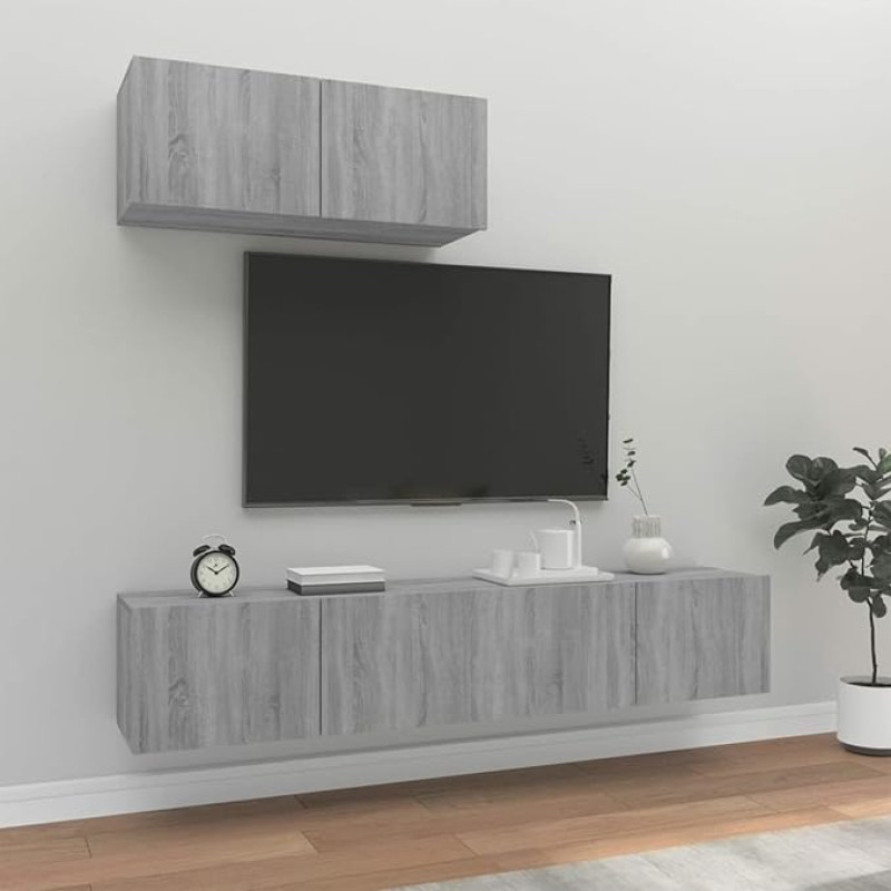 Homgoday TV-Möbel-Set, 3-teilig, Sonoma-Grau, aus mehrschichtigem Holz, TV-Schrank, niedriger TV-Schrank, Couchtisch, TV-Ständer für Wohnzimmer