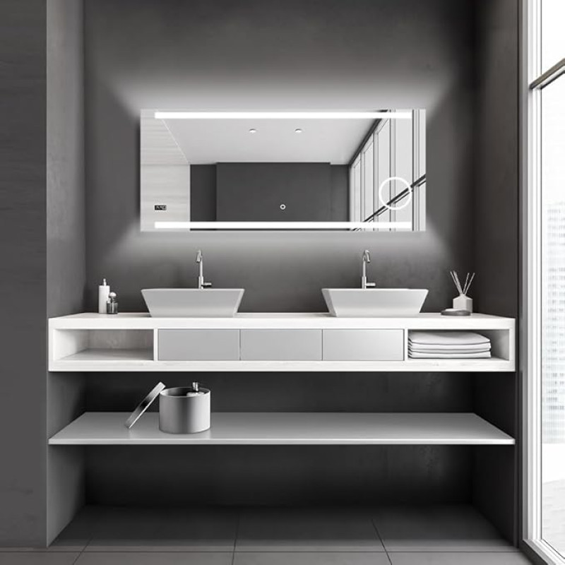 Talos King Bathroom Mirror with Lighting - LED Bathroom Mirror 140 x 60 cm - Wall Mirror with Illuminated Cosmetic Mirror - Mirror with Light Colour Neutral White - Light Mirror with Digital Clock