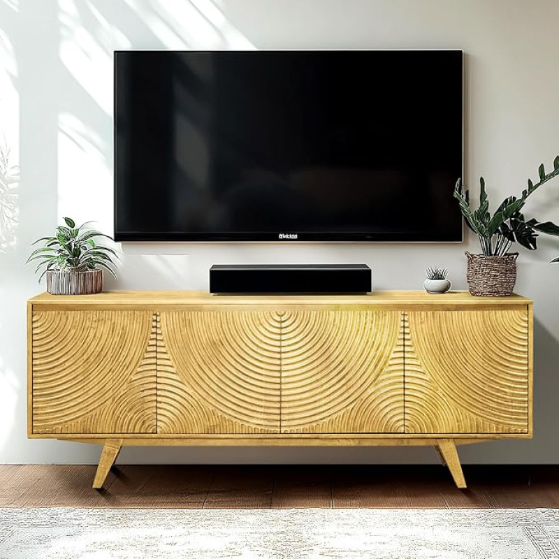 Acacia Harmony TV-Ständer für 50-75-Zoll-Fernseher Entertainment-Center mit Aufbewahrungsschränken und Kabelmanagement, moderner Bauernhaus-TV-Medienkonsolentisch, Holz-TV-Ständer für Wohnzimmer