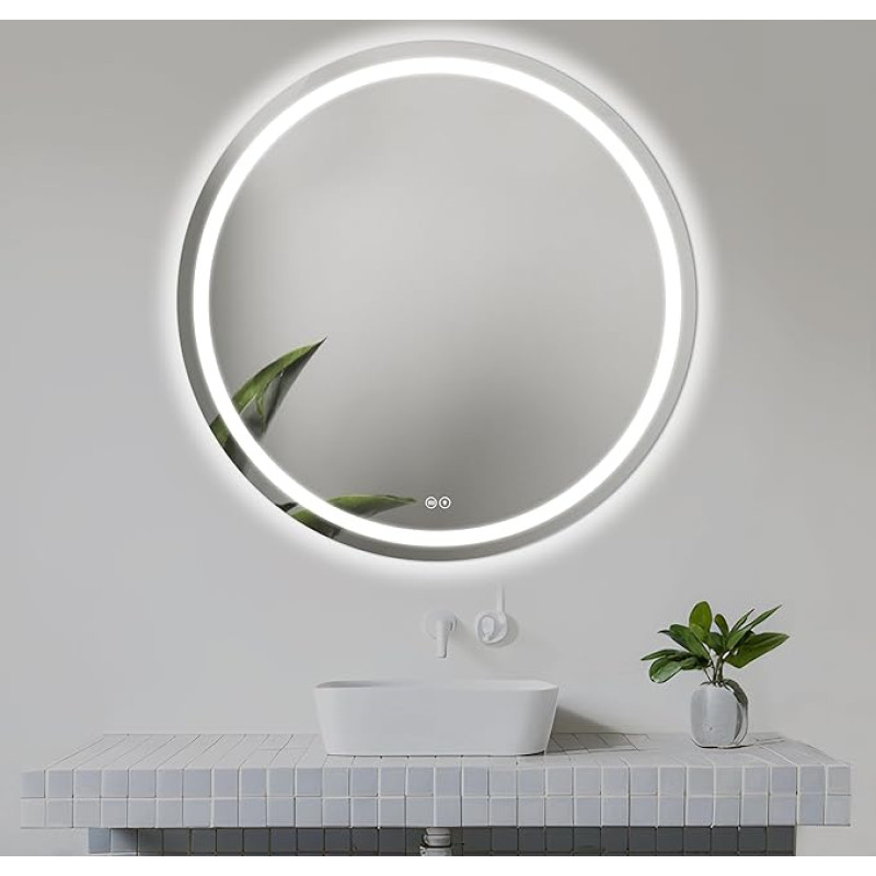 Home Glow 80 cm round bathroom mirror with LED lighting, round LED bathroom mirror with anti-fog system, equipped with a heating mat that prevents the formation of fog