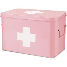 Flexzion Medicine Box, Home Pharmacy Box, 31 x 21 x 19 cm, Metal Medication Storage Box for Emergency, First Aid Cabinet, with Side Handles, Removable Tray & 5 Compartments, Pink