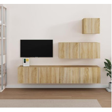 Homgoday TV-Möbel-Set, 4 Stück, Sonoma-Eiche aus mehrschichtigem Holz, TV-Schrank, niedriger TV-Schrank, für industrielle Wohnzimmertisch, TV-Ständer, Wohnzimmer, F