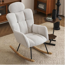 DEKKETO Nursing Chair Rocking Chair with Headrest, Teddy Rocking Chair for Living Room, Comfortable Wooden Reading Chair, White