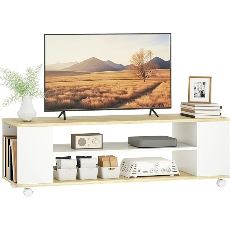 HOMCOM TV Cabinet, TV Lowboard with Wheels, TV Stand with 2 Open Compartments, TV Cabinet for TVs up to 55 Inches, TV Board for Living Room, White + Natural, 120 x 40 x 38.5 cm