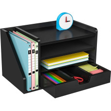NiOffice Wooden Desk Organiser, Document Tray with Side Filing Shelf, 3 Storage Compartments & Drawer, Letter Tray A4 for Office and Study, File Storage and Paper Tray (Black)