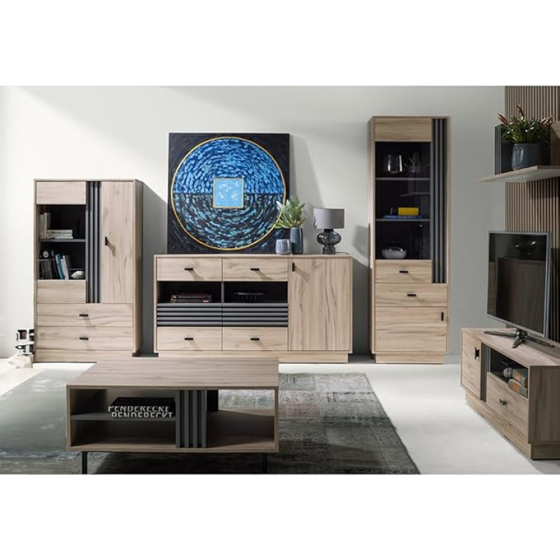 Wohnzimmer Komplett-Set mit Vitrinen, Sideboard & Lowboard in Eiche mit anthrazitfarbenen Akzenten, modern