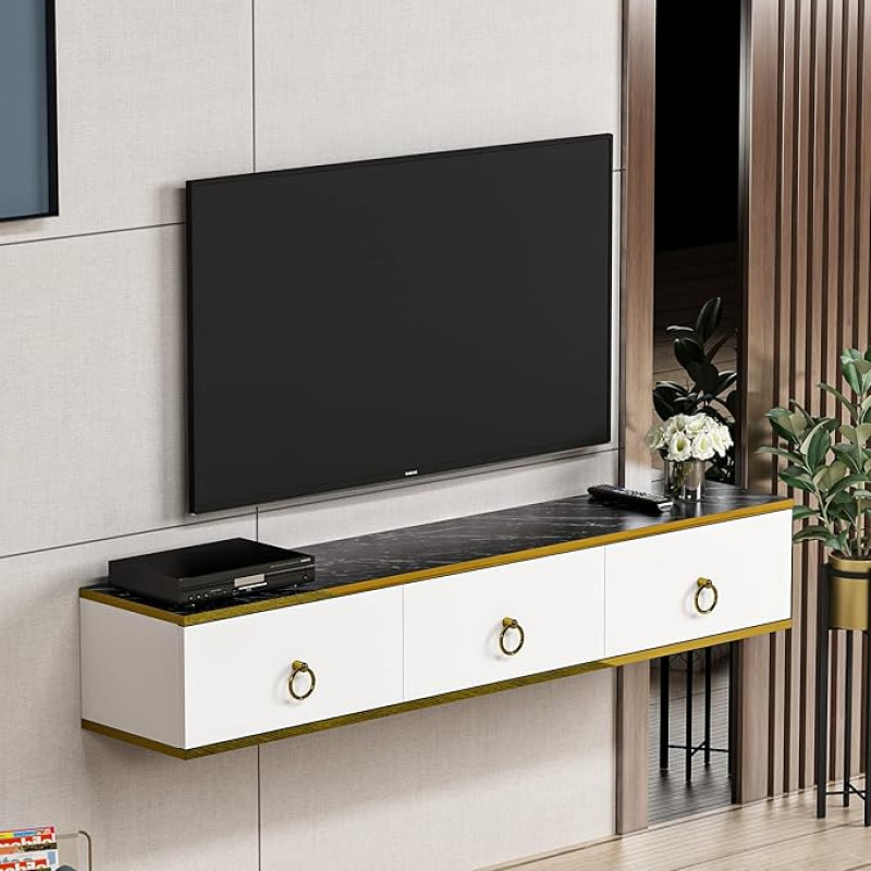Emma Wall Unit - TV Board - Wall Cabinet - Lowboard Hanging with 3 Doors in Glossy Design (Emma - White)