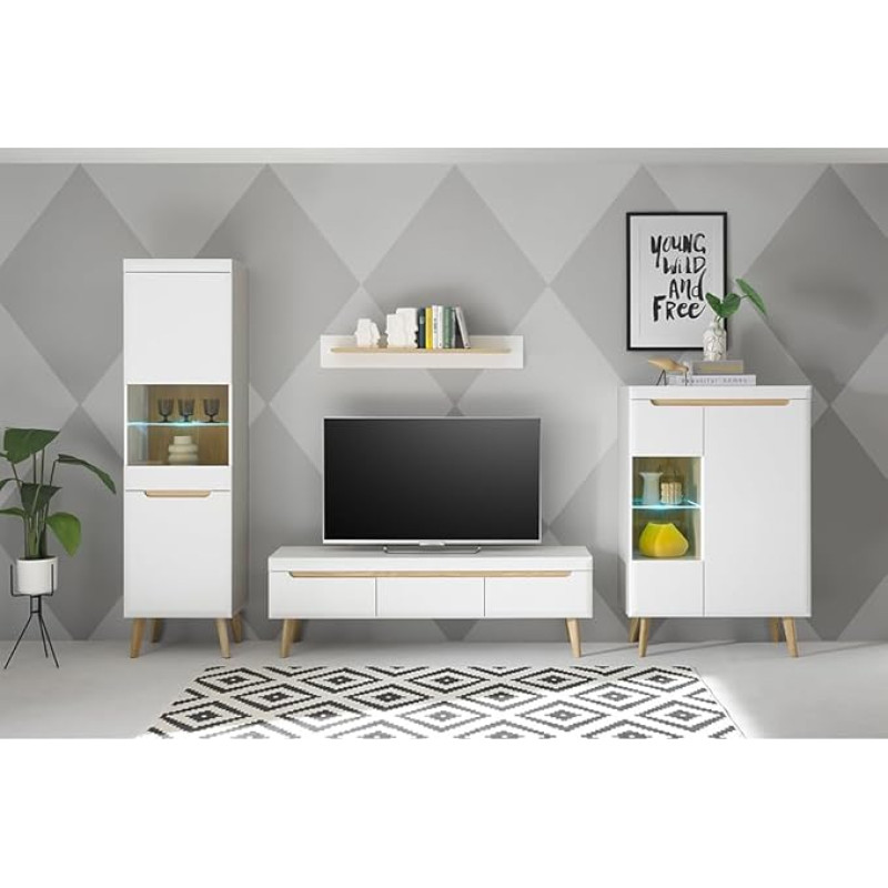 Lomadox Living Room Set in Matt White with Oak 4-Piece Standing Display Cabinet TV Lowboard Wall Shelf