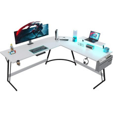 JUMMICO Gaming Table 160 cm with LED and Monitor Stand, Corner Desk with Pocket Storage Space, Large L-shaped Desk PC Corner Table with Cable Management, Cup Holder and Headphone Hook, White