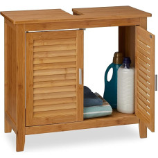Relaxdays Lamell Vanity Unit, Bamboo, H x W x D: Approx. 60 x 67 x 30 cm, Floor Unit for Washbasin or Washstand with 2 Doors, Slat Effect, Natural