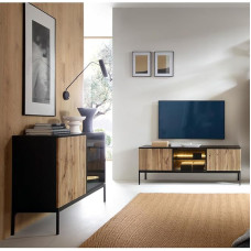 Living Room Set 2 Pieces Lowboard Chest of Drawers with Lighting Black with Wotan Oak