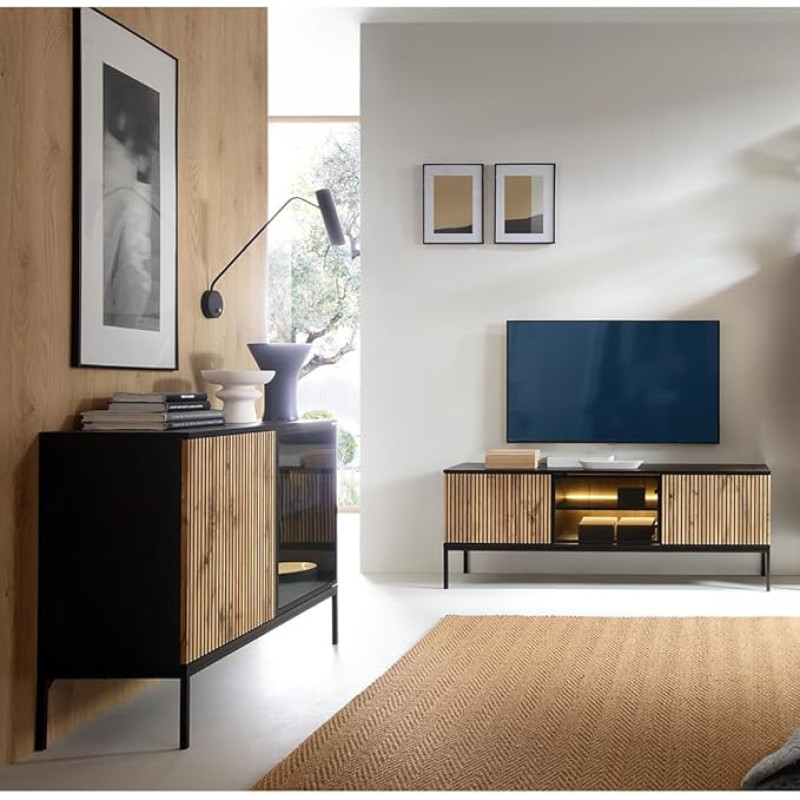 Living Room Set 2 Pieces Lowboard Chest of Drawers with Lighting Black with Wotan Oak