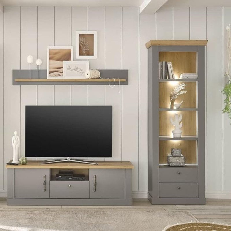 Lomadox Living Room Furniture Set with LED Lighting in Grey with Artisan Oak Dimensions W x H x D Approx. 241 x 201 x 44 cm