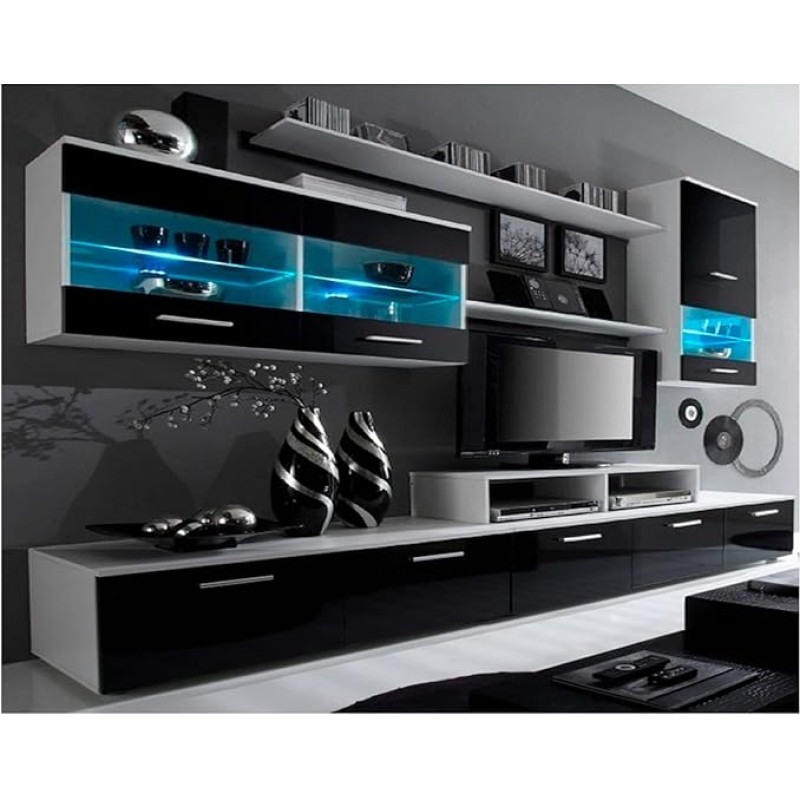 Home Innovation Living Room / Dining Room Gloss Wall Mounted Cabinet with LEDs, Matt White and Black Lacquered, Dimensions: 250 x 194 x 42 cm. Depth: