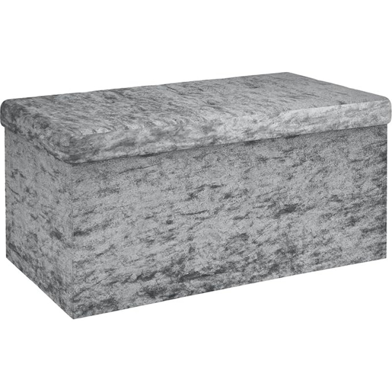 INTIRILIFE Foldable Bench 76 x 38 x 38 cm in Velvet Grey - Cube Seat with Storage Space and Lid with Velvet Cover - Seat Cube Footrest Folding Storage Box Chest Stool