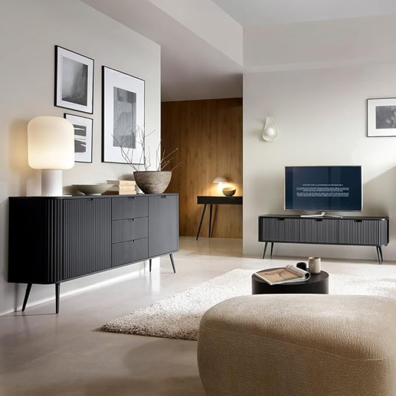 Living Room Set Black Grooved with Grooves Modern Console Table Lowboard Sideboard Feet Metal Black