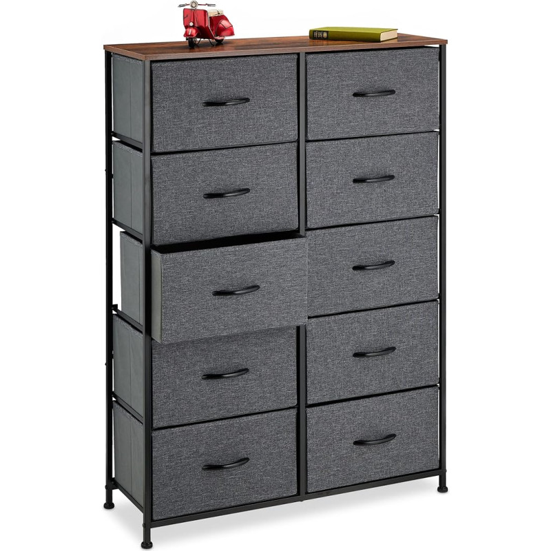 Relaxdays Chest of Drawers, 120 x 85.5 x 30 cm, Metal, Wood Look, 10 Fabric Drawers, Shelf, Modern Side Chest of Drawers, Multicoloured