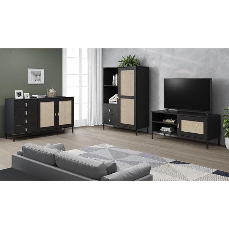 Lomadox Living Room Set 3-Piece Solid Pine Black with Rattan Insert TV Board Sideboard Highboard Living Room Boho Chic