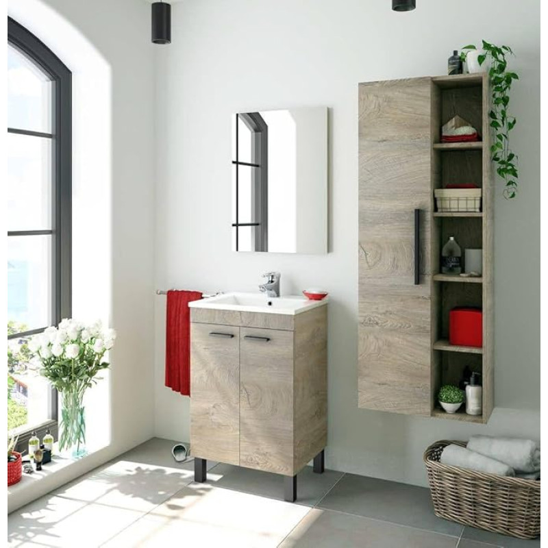 Dmora - Naperville Vanity Unit, Bathroom Cabinet, 2 Door Wardrobe with Mirror, Sink Not Included, 50 x 40 x 80 cm, Oak