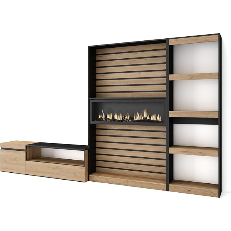 Skraut Home Living Room Wall Unit Living Room Furniture Set 320 x 186 x 35 cm Electric Fireplace Dimensions Modern Style Oak Black