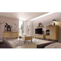 Lomadox Scandinavian Wall Unit Set with Sideboard and Coffee Table, Artisan Oak with Black, LED Lighting, Solid Wood Feet