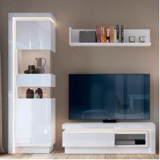 Modern Living Room Furniture Set (Display Cabinet & Wall Shelf & Lowboard) in White High Gloss with Lighting W x H x D Approx. 206 x 198.5 x 42 cm
