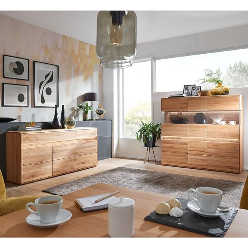 Lomadox Home Furniture Set Beech Heartwood Solid Oiled with Sideboard, Highboard and LED Lighting, 2-Piece - Real Wood/Solid Wood, Soft Close, Handle-Free