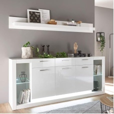 Lomadox Modern Design Sideboard and Wall Shelf Set in High Gloss White with LED Lighting W x H x D: 198 x 123 x 43 cm