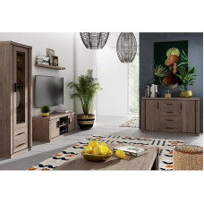 Home Furniture Set 4-Piece Brown Truffle Oak Wall Board Lowboard Display Cabinet Sideboard with LED Lighting