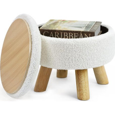 OGEMXU Teddy Velvet Round Footstool with Wooden Legs, White