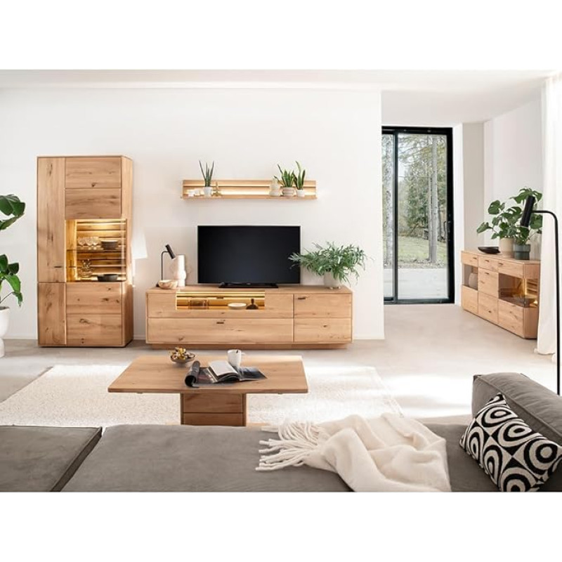 Home Furniture Set Living Wall Unit in Solid Oiled Oak 5 Pieces 1 Display Cabinet 1 Wall Shelf 1 Lowboard 1 Coffee Table 1 Sideboard with LED Lighting