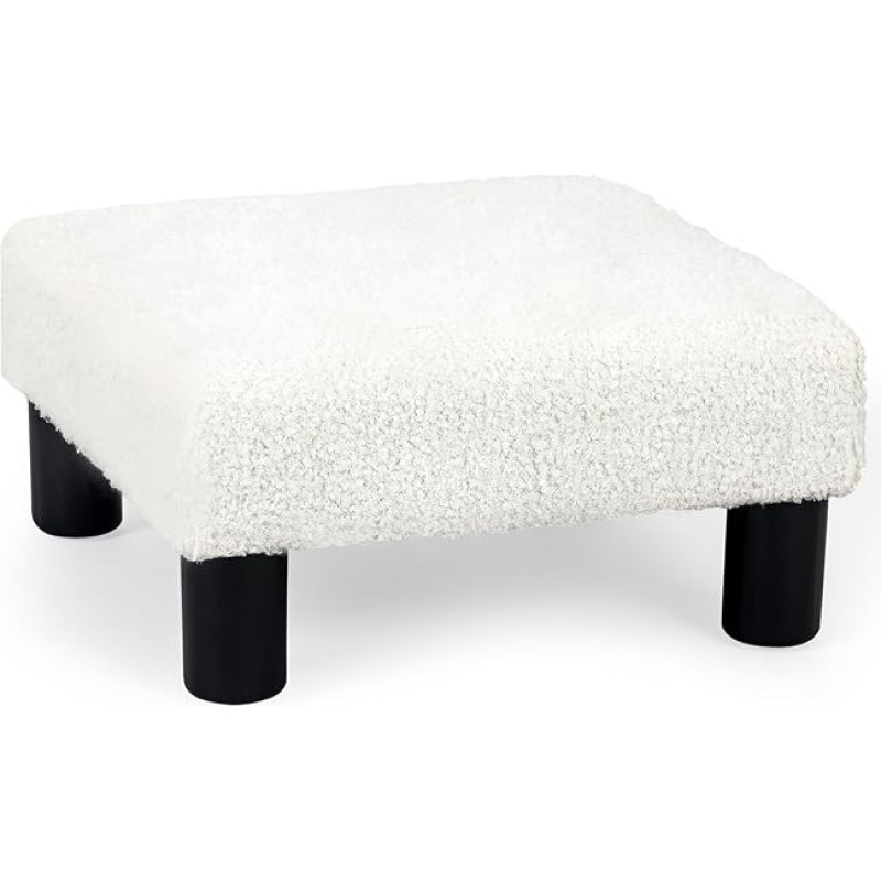 Adeco Small Square Ottoman Teddy Footstool with Plastic Legs for Footrest with Non-Slip Pads for Living Room, Entryway, Office, Couch, White Teddy