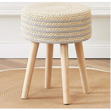 Cpintltr Round Ottoman Footstool, Natural Seagrass Footstool, Pouf, Ottoman with Solid Wood Legs, Hand Woven Hyacinth Footrest, Step Stool for Living Room, Balcony, Garden, Natural & Grey