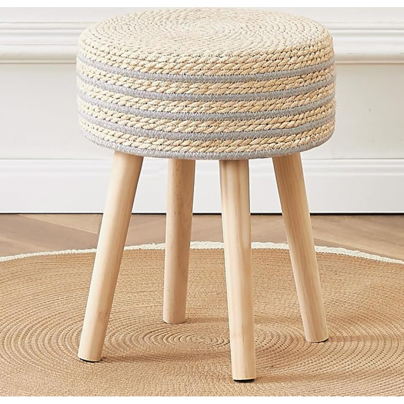 Cpintltr Round Ottoman Footstool, Natural Seagrass Footstool, Pouf, Ottoman with Solid Wood Legs, Hand Woven Hyacinth Footrest, Step Stool for Living Room, Balcony, Garden, Natural & Grey