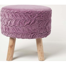Homescapes Lyla Mauve Pleated Stool 41 x 40 cm Velvet Stool Round Stool with Wooden Legs