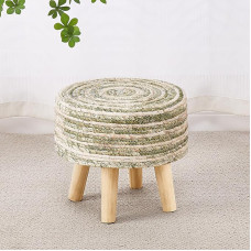 Cpintltr Round Ottoman Natural Seagrass Footstool Hand Woven Water Hyacinth Eco Friendly Soft Padded Footrest with Pine Legs for Living Room (Mixed Green)
