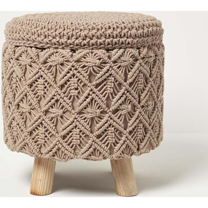 Homescapes Indy Macrame Stool with Storage Space, Brown, 41 x 43 cm, Fabric Stool with Wooden Legs, Round Stool, Boho Style
